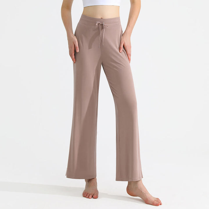 Olivenorma - Pantaloni da yoga da donna con coulisse e drappeggio in tinta unita - Cachi - XL - image 0