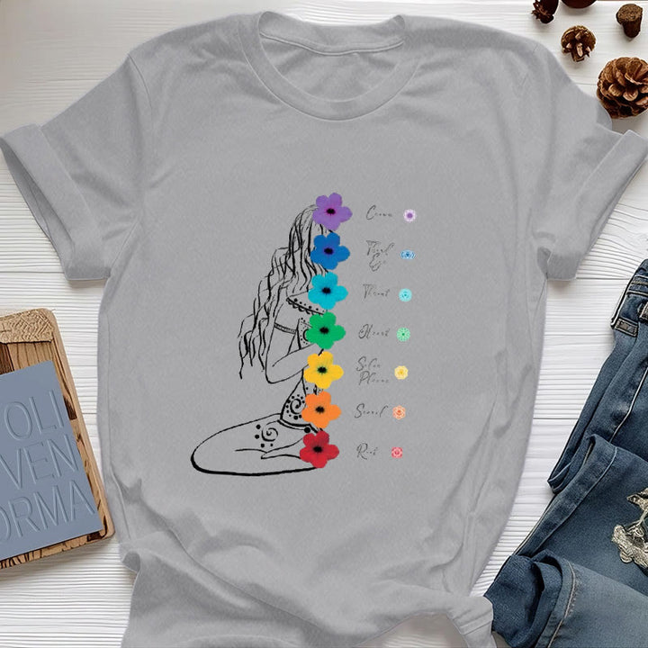 Maglietta Olivenorma Meditation Girl con fiori dei 7 chakra - Grigio - 2XL - image 7