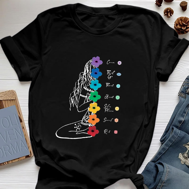 Maglietta Olivenorma Meditation Girl con fiori dei 7 chakra - Nero - 2XL - image 5