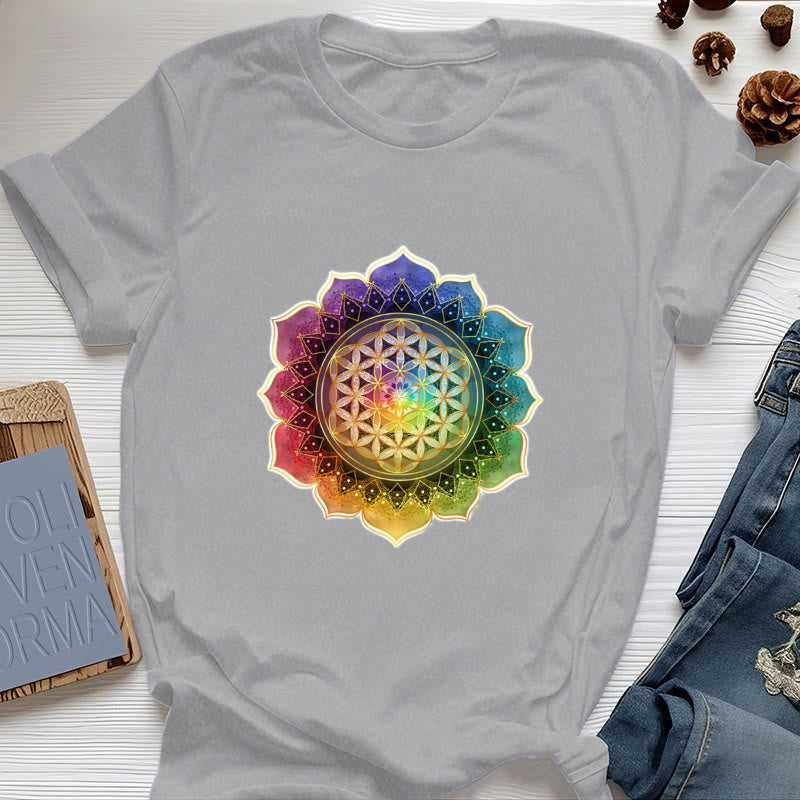 Olivenorma 7 Chakra Medala Maglietta in cotone con fiore della vita - Grigio - 2XL - image 7