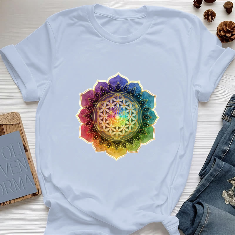 Olivenorma 7 Chakra Medala Maglietta in cotone con fiore della vita - Blu - 2XL - image 11