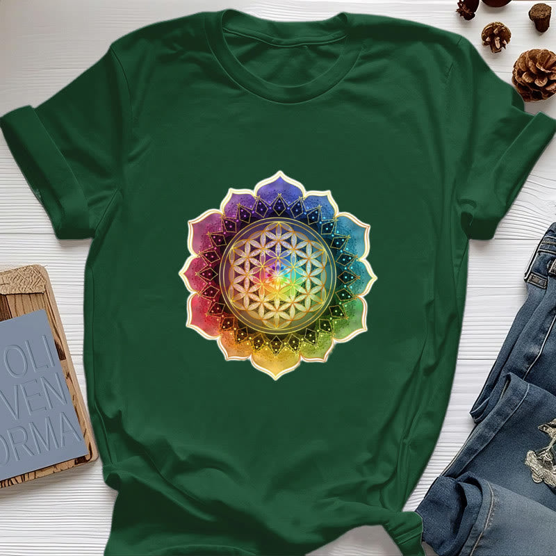 Olivenorma 7 Chakra Medala Maglietta in cotone con fiore della vita - Verde scuro - 2XL - image 19