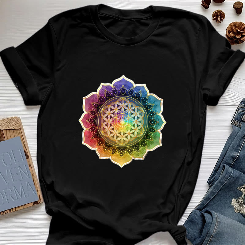 Olivenorma 7 Chakra Medala Maglietta in cotone con fiore della vita - Nero - 2XL - image 6