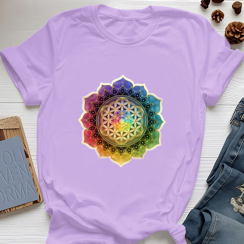 Olivenorma 7 Chakra Medala Maglietta in cotone con fiore della vita - Viola - 2XL - image 16
