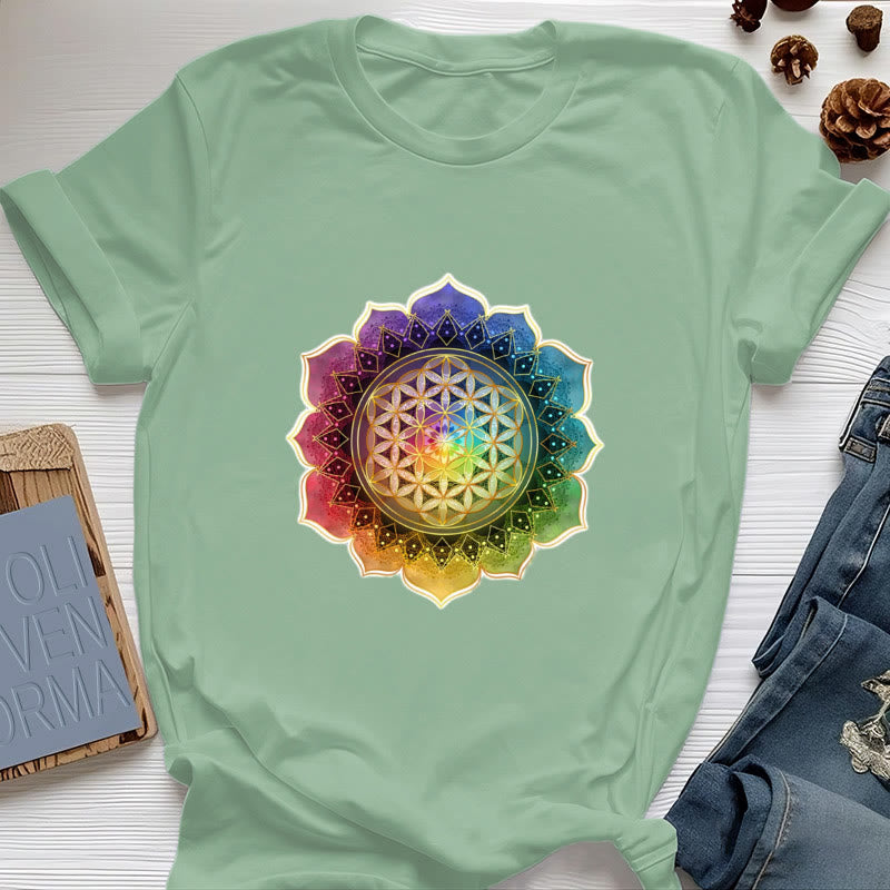 Olivenorma 7 Chakra Medala Maglietta in cotone con fiore della vita - Verde chiaro - 2XL - image 17