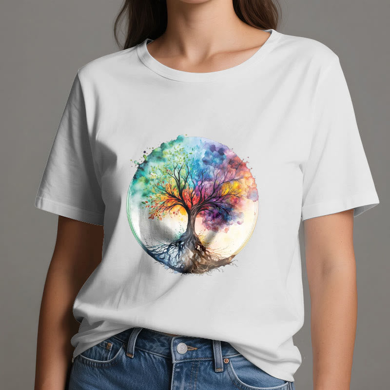 Maglietta spirituale in cotone con l'albero della vita arcobaleno Olivenorma - image 1