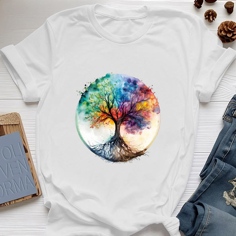 Maglietta spirituale in cotone con l'albero della vita arcobaleno Olivenorma - Bianco - 2XL - image 1
