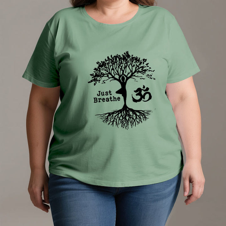 Olivenorma "JUST BREATHE" Maglietta spirituale con simbolo OM dell'albero dello yoga - image 2