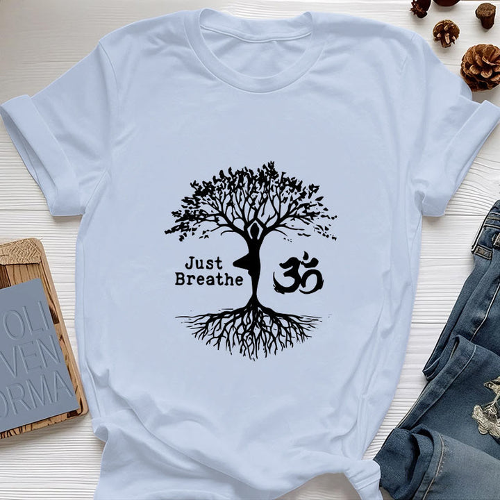 Olivenorma "JUST BREATHE" Maglietta spirituale con simbolo OM dell'albero dello yoga - Blu - 2XL - image 13