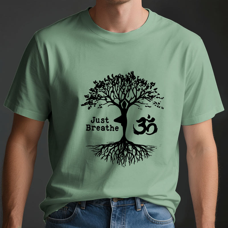 Olivenorma "JUST BREATHE" Maglietta spirituale con simbolo OM dell'albero dello yoga - image 3