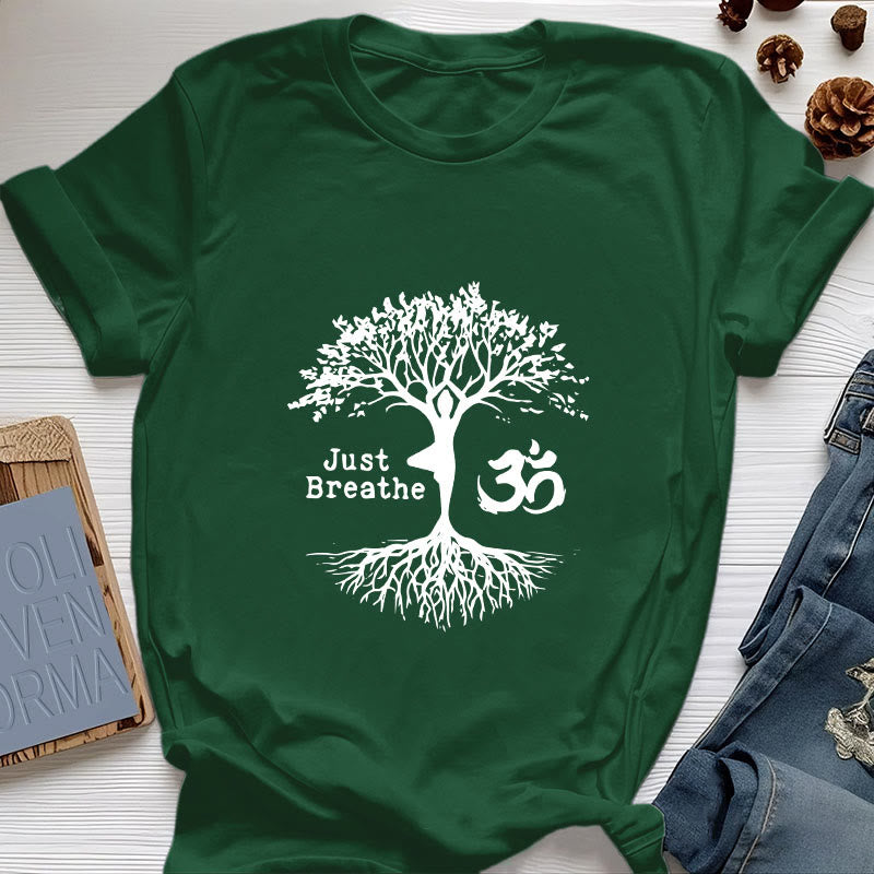 Olivenorma "JUST BREATHE" Maglietta spirituale con simbolo OM dell'albero dello yoga - Verde scuro - 2XL - image 19