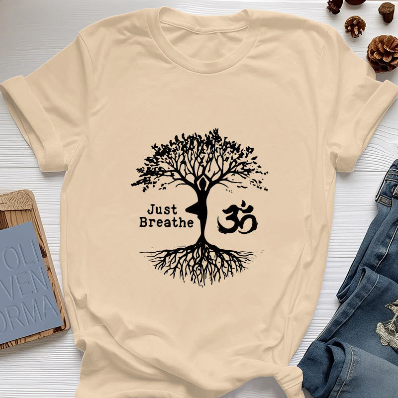 Olivenorma "JUST BREATHE" Maglietta spirituale con simbolo OM dell'albero dello yoga - Giallo - 2XL - image 11