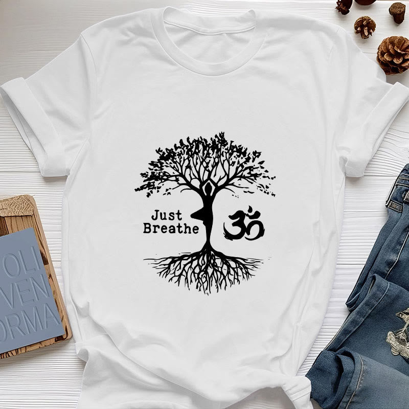 Olivenorma "JUST BREATHE" Maglietta spirituale con simbolo OM dell'albero dello yoga - Bianco - 2XL - image 6