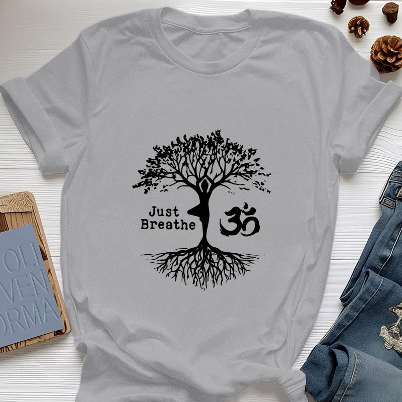 Olivenorma "JUST BREATHE" Maglietta spirituale con simbolo OM dell'albero dello yoga - Grigio - 2XL - image 9