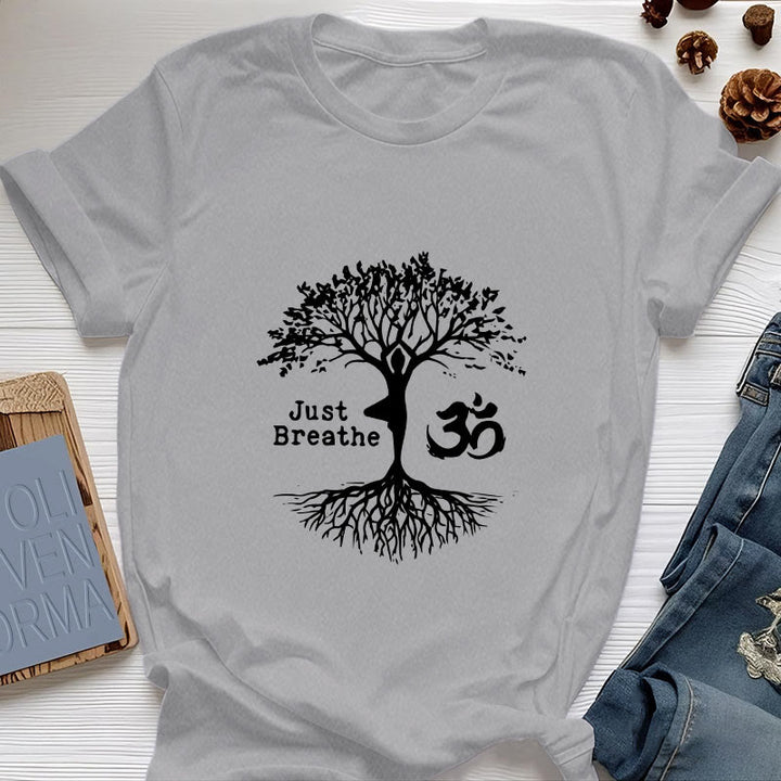 Olivenorma "JUST BREATHE" Maglietta spirituale con simbolo OM dell'albero dello yoga - Grigio - 2XL - image 9