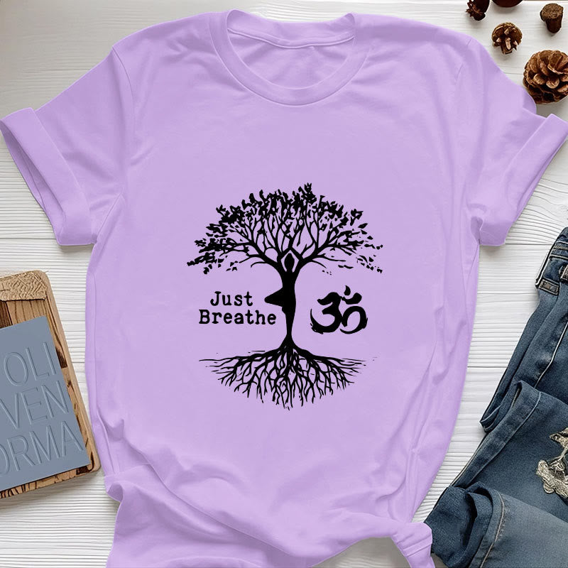 Olivenorma "JUST BREATHE" Maglietta spirituale con simbolo OM dell'albero dello yoga - Viola - 2XL - image 17