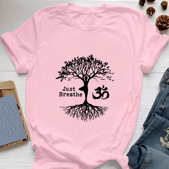 Olivenorma "JUST BREATHE" Maglietta spirituale con simbolo OM dell'albero dello yoga - Rosa - 2XL - image 15