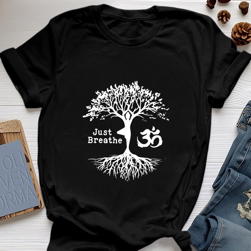 Olivenorma "JUST BREATHE" Maglietta spirituale con simbolo OM dell'albero dello yoga - Nero - 2XL - image 7