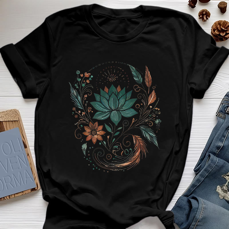 Maglietta da yoga in cotone con fiori di loto e foglie Olivenorma - Nero - 2XL - image 8