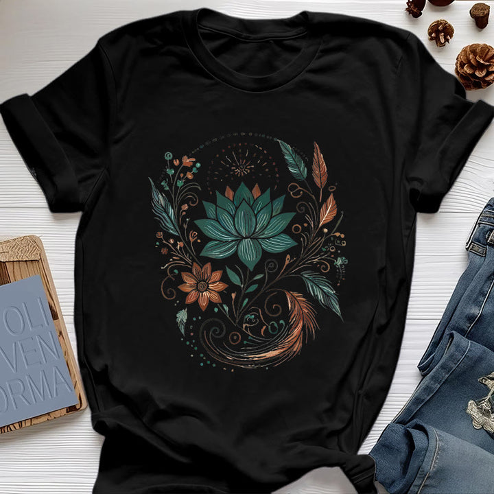 Maglietta da yoga in cotone con fiori di loto e foglie Olivenorma - Nero - 2XL - image 8