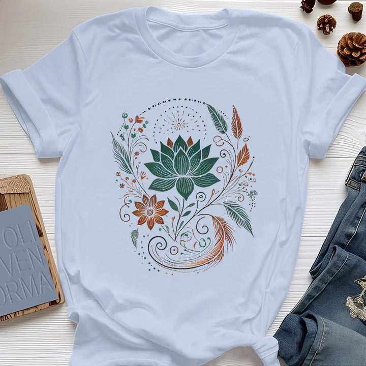 Maglietta da yoga in cotone con fiori di loto e foglie Olivenorma - Blu - 2XL - image 0