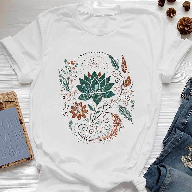 Maglietta da yoga in cotone con fiori di loto e foglie Olivenorma - Bianco - 2XL - image 6