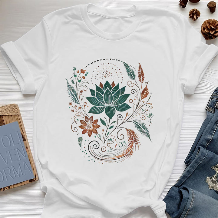 Maglietta da yoga in cotone con fiori di loto e foglie Olivenorma - Bianco - 2XL - image 6