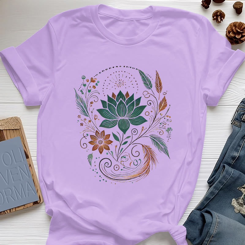 Maglietta da yoga in cotone con fiori di loto e foglie Olivenorma - Viola - 2XL - image 15