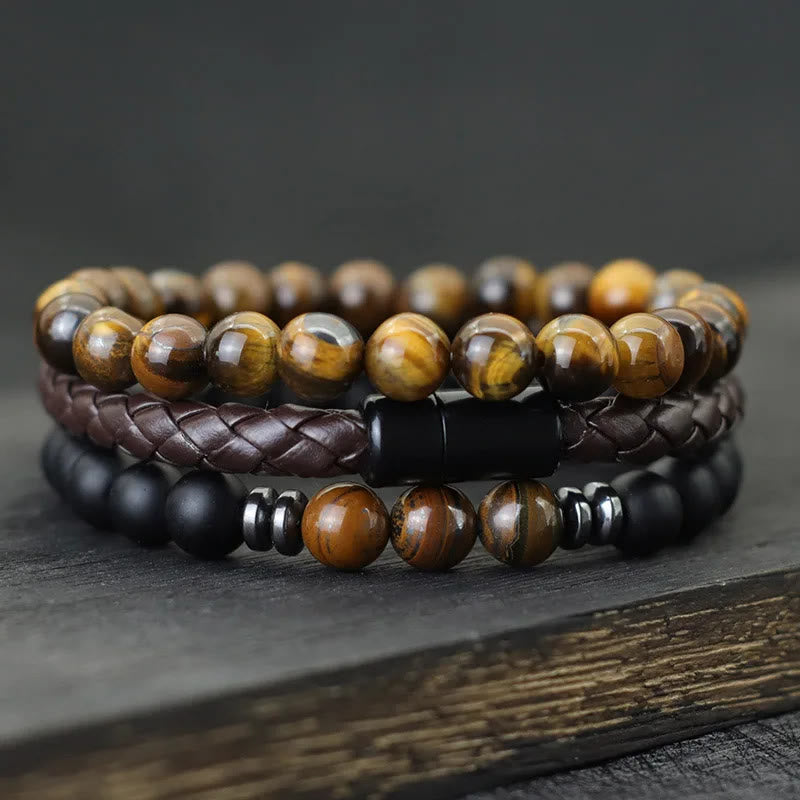 Olivenorma - Set di 3 bracciali in pelle con pietra occhio di tigre - Occhio di tigre + onice nero - image 1