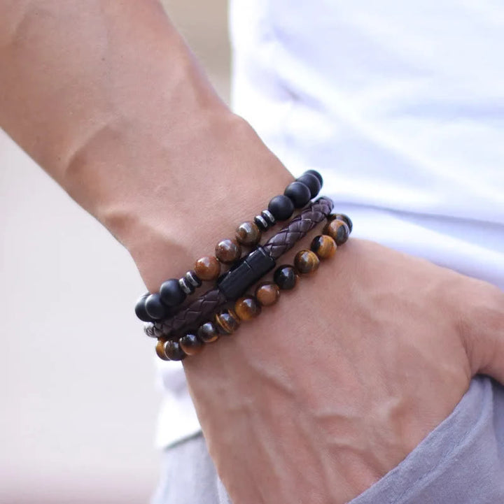 Olivenorma - Set di 3 bracciali in pelle con pietra occhio di tigre - image 2