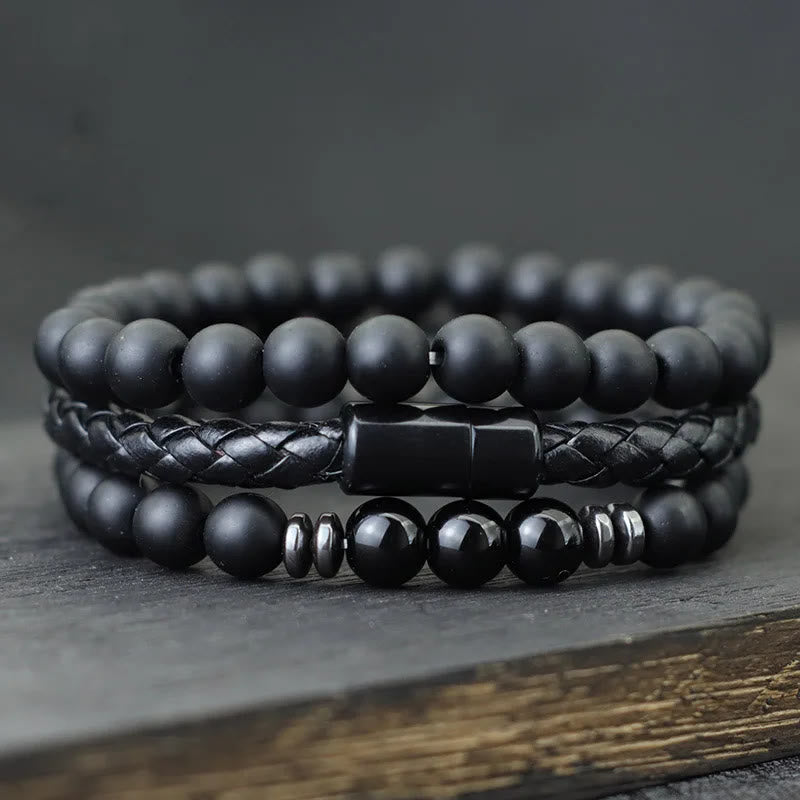 Olivenorma - Set di 3 bracciali in pelle con pietra occhio di tigre - Onice nero + ossidiana - image 2