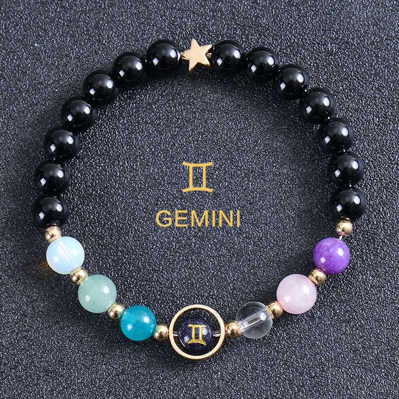 Bracciale Olivenorma con dodici costellazioni e otto pianeti e pietre preziose - Ossidiana rotonda - Gemelli - image 42
