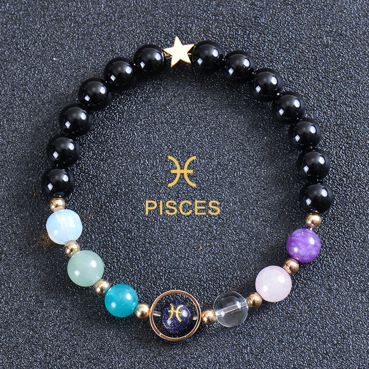 Bracciale Olivenorma con dodici costellazioni e otto pianeti e pietre preziose - Ossidiana rotonda - Pesci - image 51