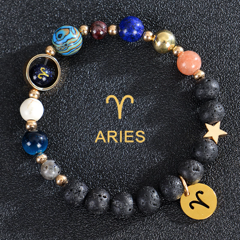 Bracciale Olivenorma con dodici costellazioni e otto pianeti e pietre preziose - Pietra lavica - Ariete - image 16