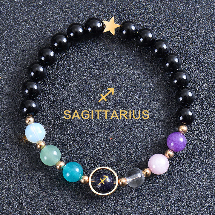 Bracciale Olivenorma con dodici costellazioni e otto pianeti e pietre preziose - Ossidiana rotonda - Sagittario - image 48