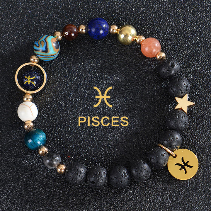 Bracciale Olivenorma con dodici costellazioni e otto pianeti e pietre preziose - Pietra lavica - Pesci - image 27