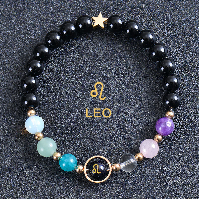 Bracciale Olivenorma con dodici costellazioni e otto pianeti e pietre preziose - Ossidiana rotonda - Leone - image 44