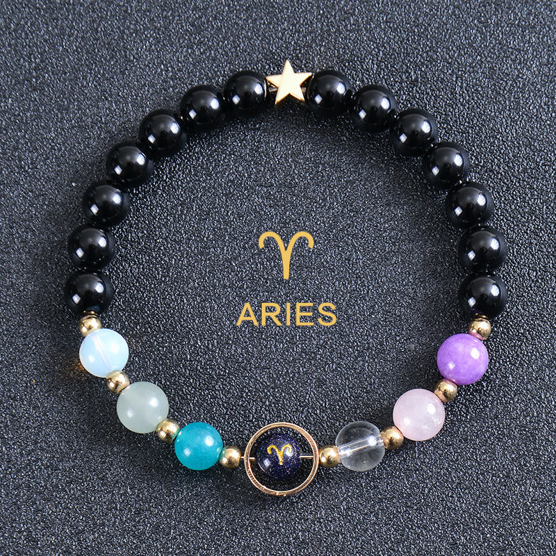 Bracciale Olivenorma con dodici costellazioni e otto pianeti e pietre preziose - Ossidiana rotonda - Ariete - image 40