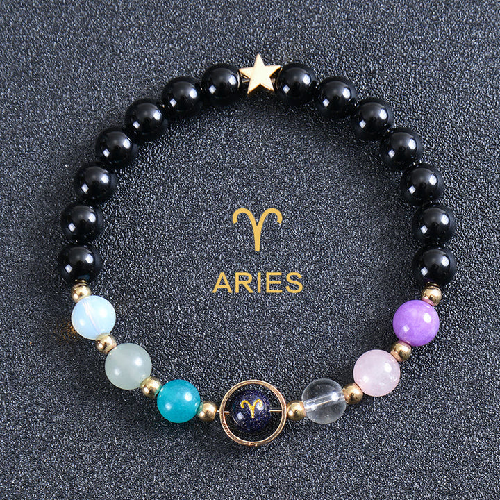 Bracciale Olivenorma con dodici costellazioni e otto pianeti e pietre preziose - Ossidiana rotonda - Ariete - image 40