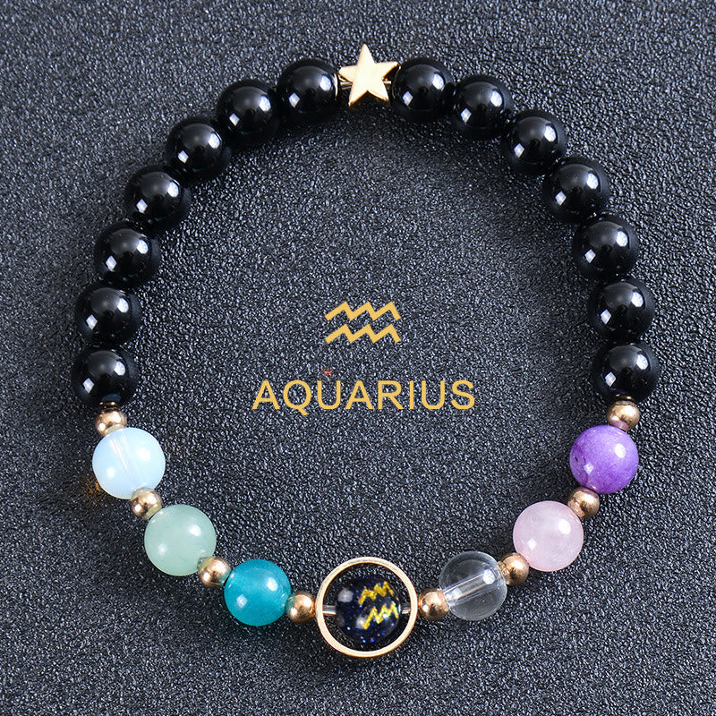 Bracciale Olivenorma con dodici costellazioni e otto pianeti e pietre preziose - Ossidiana rotonda - Acquario - image 50