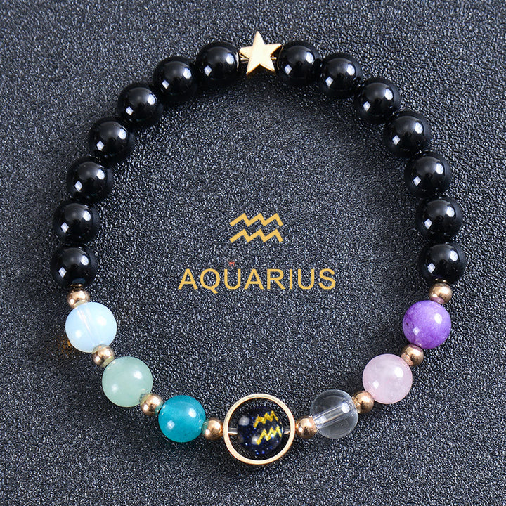 Bracciale Olivenorma con dodici costellazioni e otto pianeti e pietre preziose - Ossidiana rotonda - Acquario - image 50