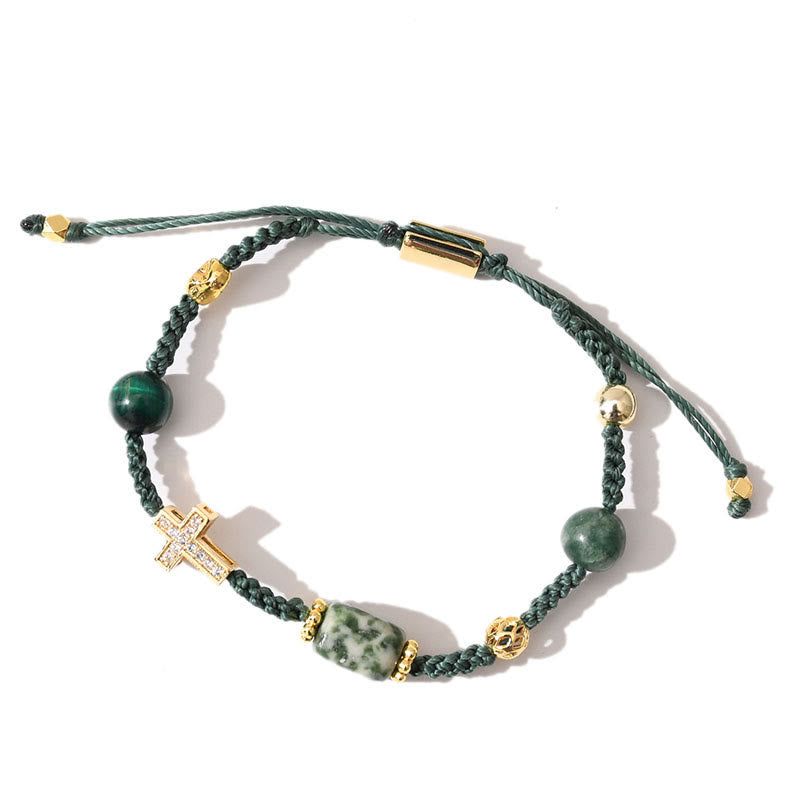Bracciale intrecciato regolabile con pietre preziose curative Olivenorma - Giada verde + pietra occhio di gatto verde - image 22
