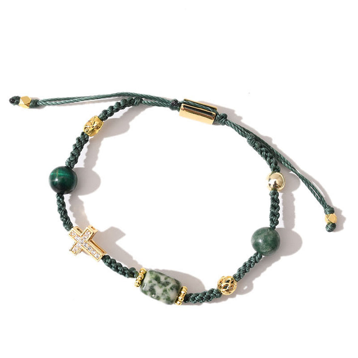 Bracciale intrecciato regolabile con pietre preziose curative Olivenorma - Giada verde + pietra occhio di gatto verde - image 22