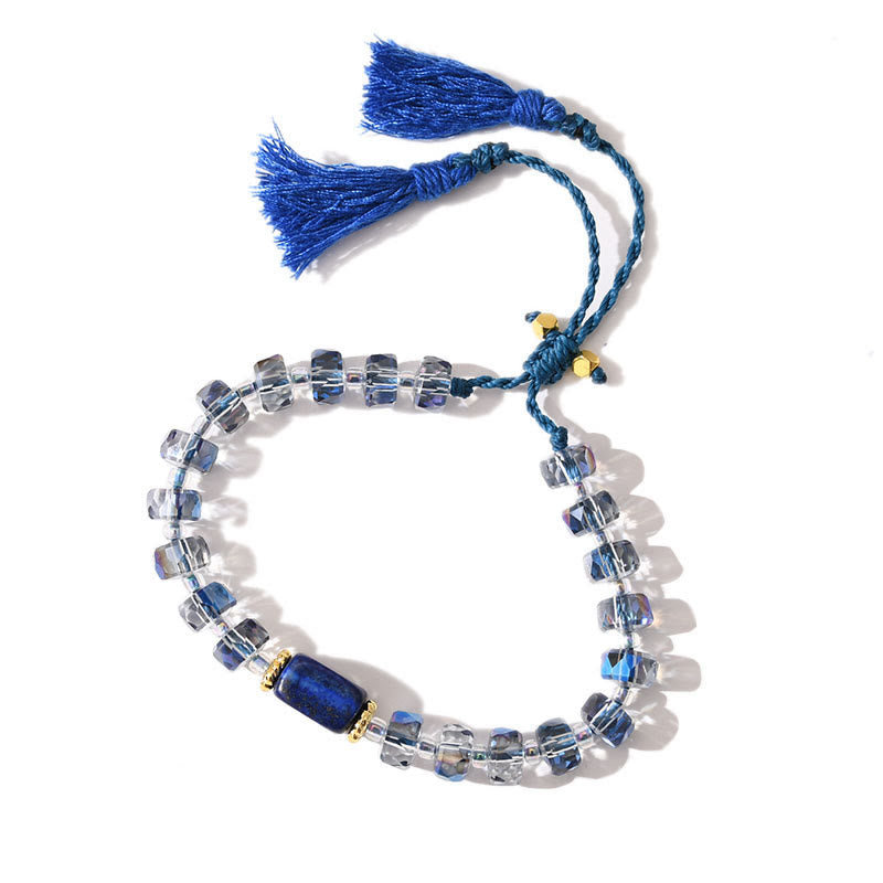 Bracciale intrecciato con pietre preziose e nappe glitterate in stile boho di Olivenorma - Lapislazzuli + smalto trasparente - image 17