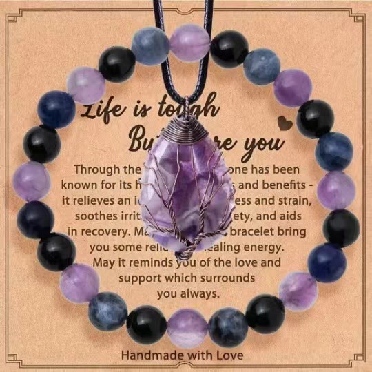 Olivenorma "La vita è dura, ma lo sei anche tu" - Set di gioielli con collana e bracciale in pietre preziose curative - Ametista + Ossidiana + Lapislazzuli - image 16