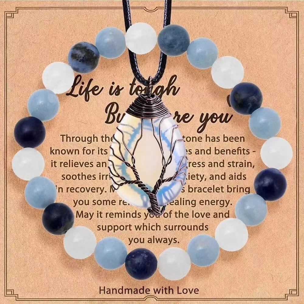 Olivenorma "La vita è dura, ma lo sei anche tu" - Set di gioielli con collana e bracciale in pietre preziose curative - Cristallo trasparente + Acquamarina + Lapislazzuli - image 1