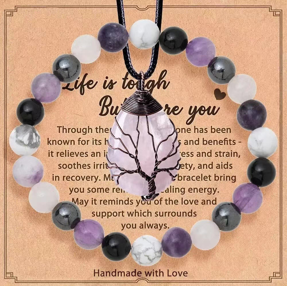 Olivenorma "La vita è dura, ma lo sei anche tu" - Set di gioielli con collana e bracciale in pietre preziose curative - Ametista + Howlite + Ematite - image 5