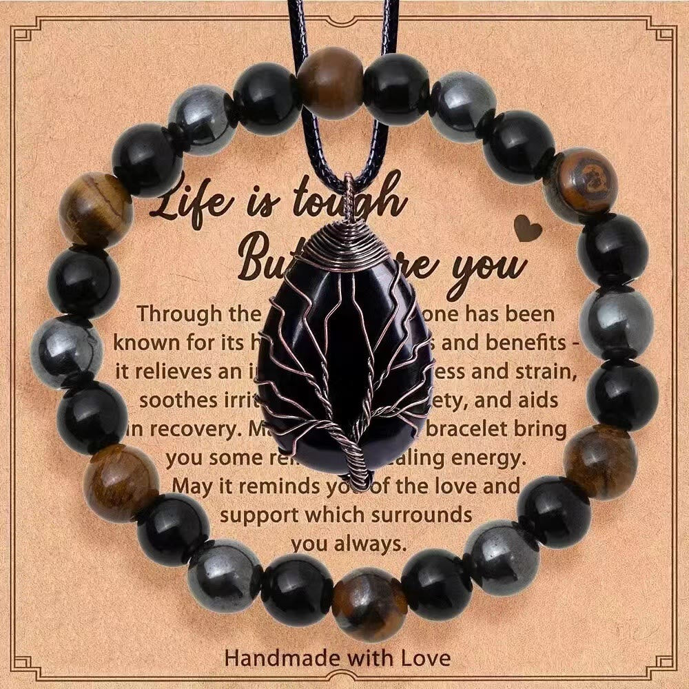 Olivenorma "La vita è dura, ma lo sei anche tu" - Set di gioielli con collana e bracciale in pietre preziose curative - Ossidiana + Occhio di Tigre + Ematite - image 13