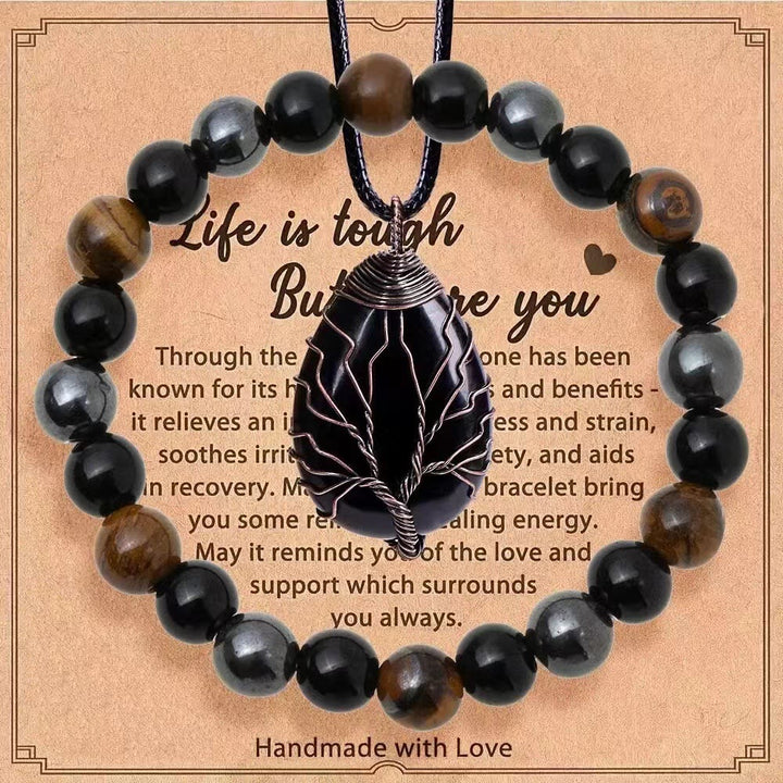 Olivenorma "La vita è dura, ma lo sei anche tu" - Set di gioielli con collana e bracciale in pietre preziose curative - Ossidiana + Occhio di Tigre + Ematite - image 13