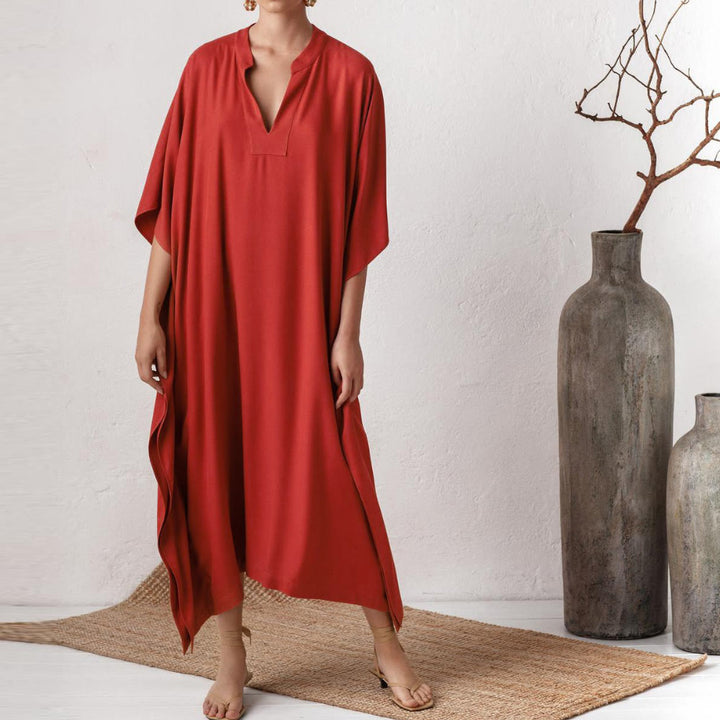 Abito da spiaggia Olivenorma in caftano da resort in poliestere setoso - Rosso - Taglia unica - image 0
